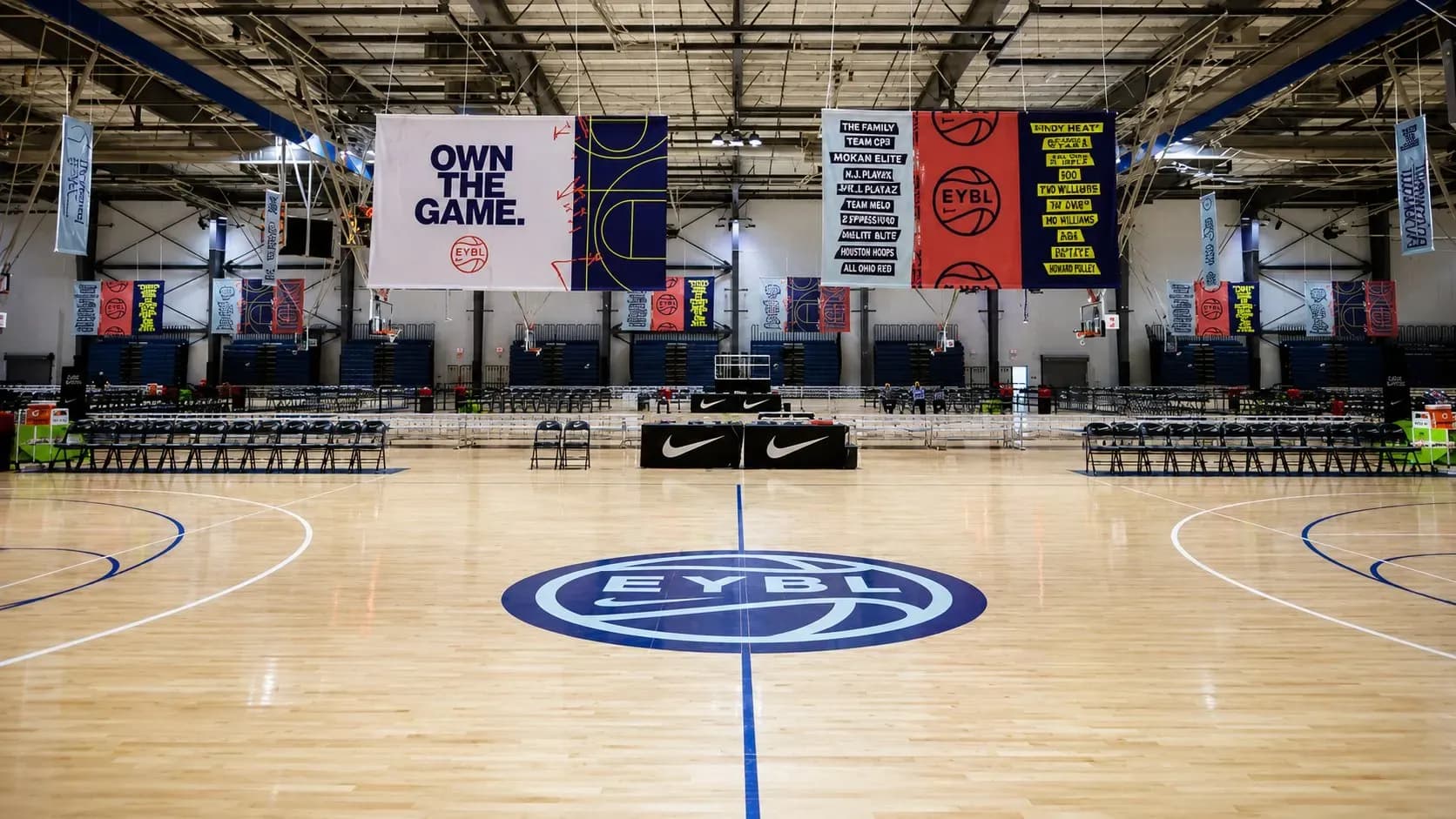 Empty basketball court with EYBL championship banners